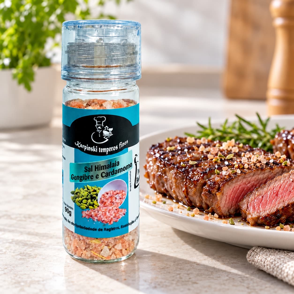 Sal Himalaia Gengibre e Cardamomo com Moedor Karpinski 90 g — ao lado de carne grelhada