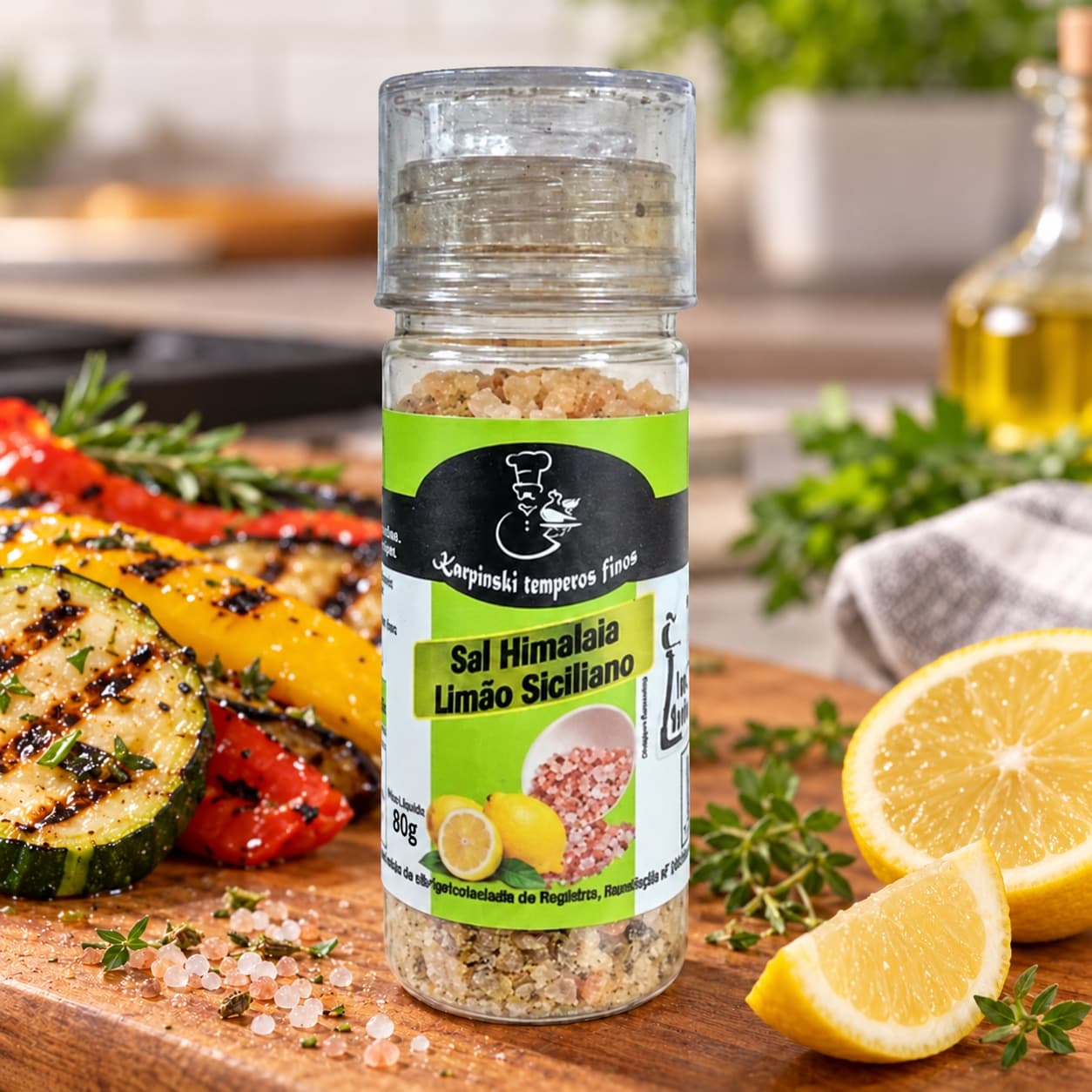 Sal do Himalaia com Limão Siciliano Moedor Karpinski 80 g — no preparo com legumes grelhados