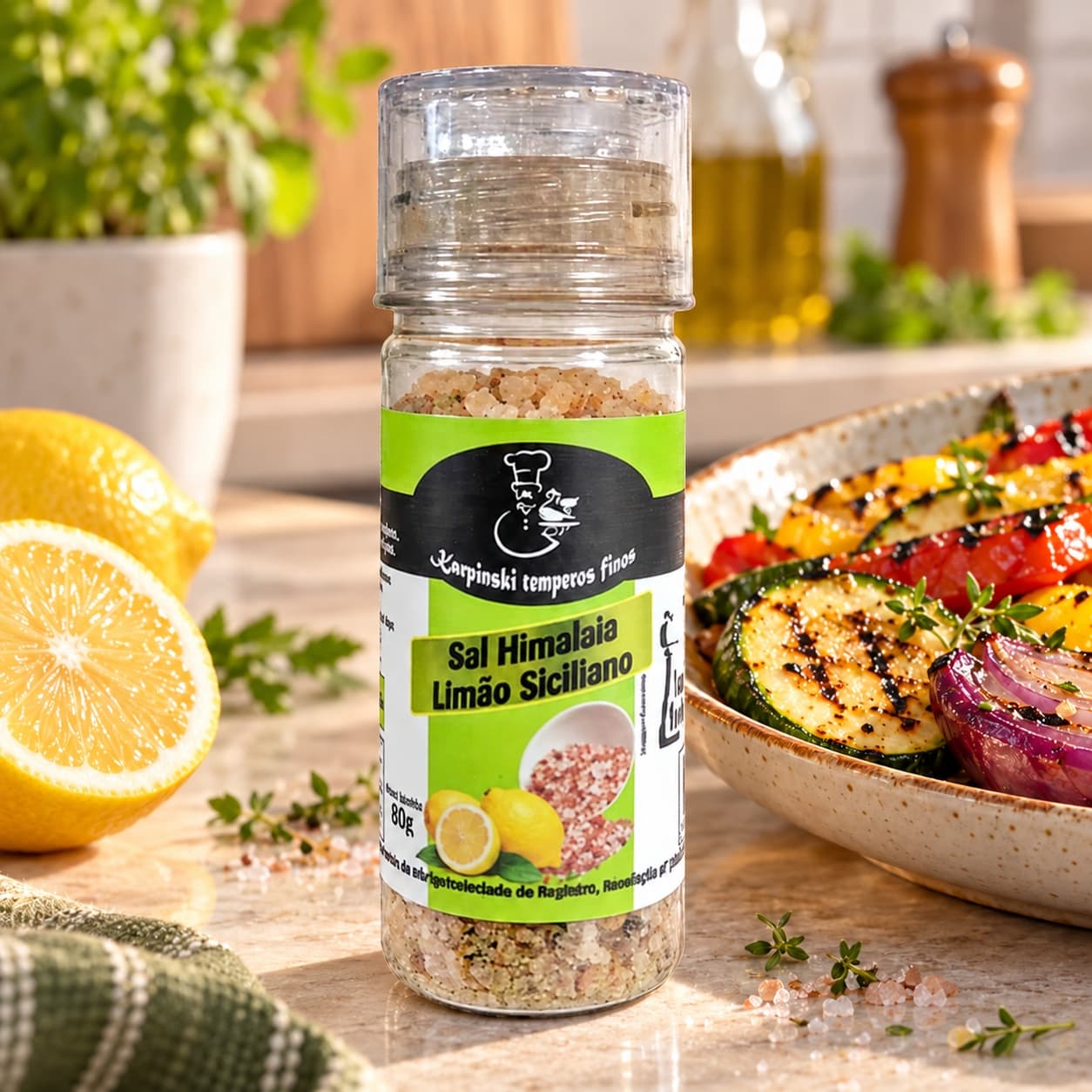 Sal do Himalaia com Limão Siciliano Moedor Karpinski 80 g — com legumes grelhados