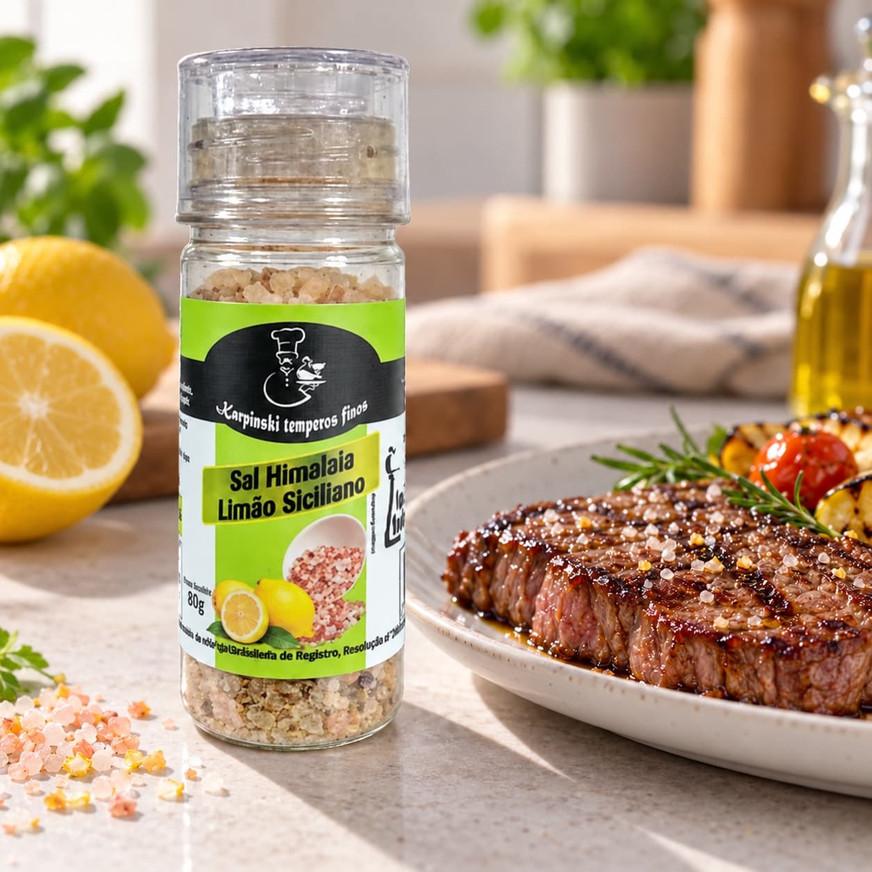 Sal do Himalaia com Limão Siciliano Moedor Karpinski 80 g — ao lado de carne grelhada