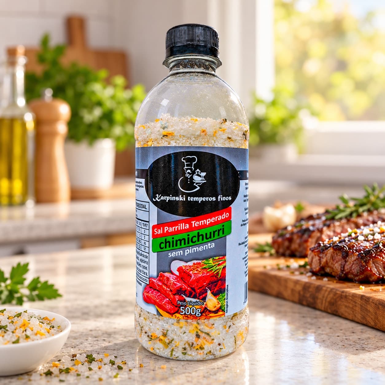 Sal Parrilla Chimichurri sem Pimenta Karpinski 500 g — na bancada da cozinha
