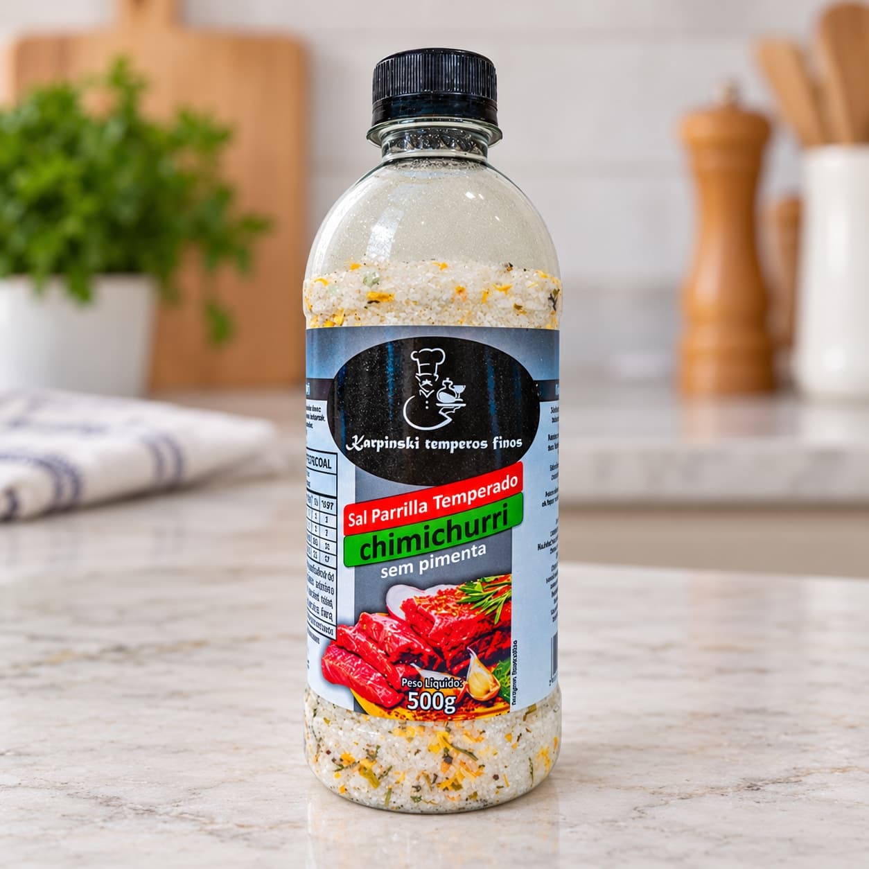 Sal Parrilla Chimichurri sem Pimenta Karpinski 500 g — detalhe da embalagem e do rótulo