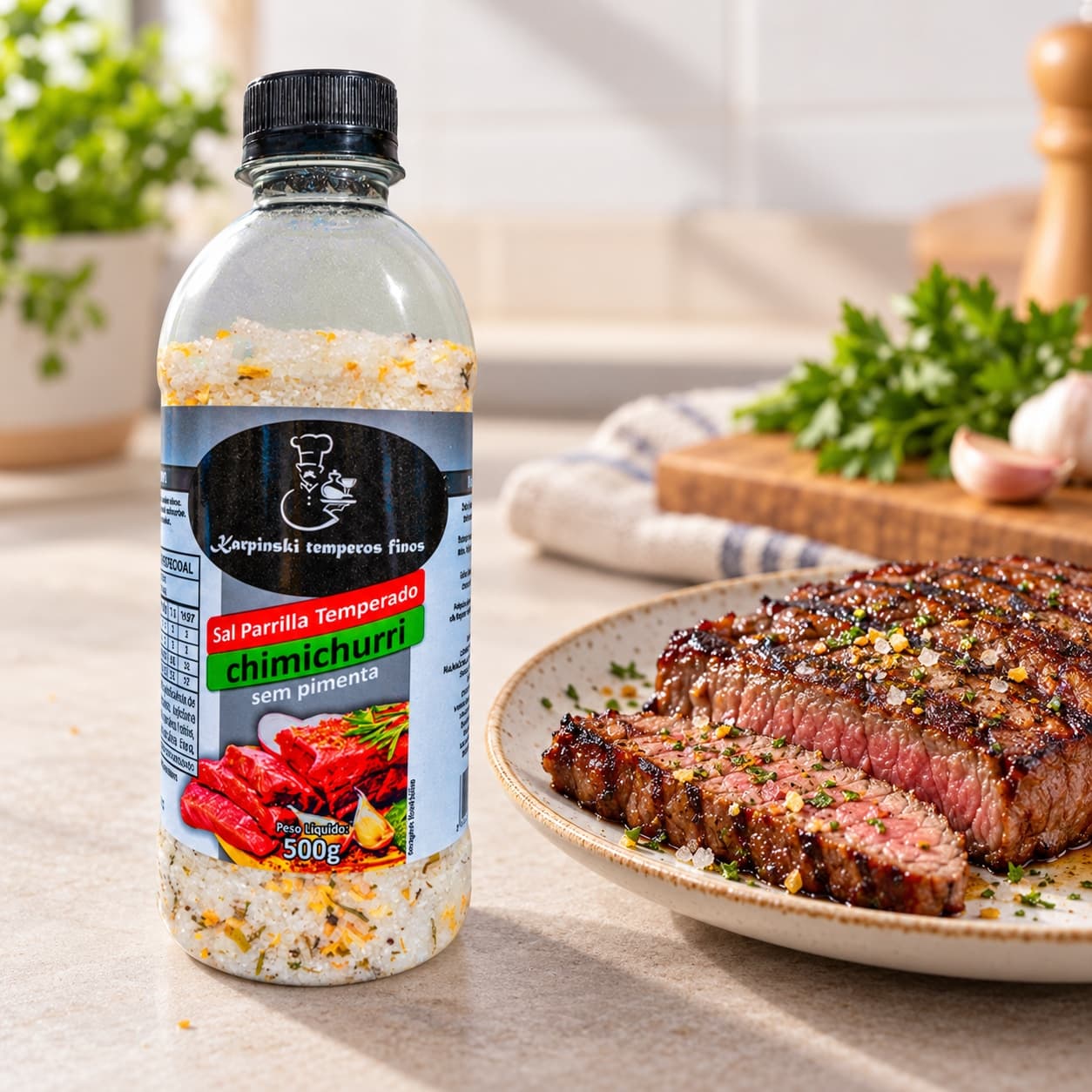 Sal Parrilla Chimichurri sem Pimenta Karpinski 500 g — ao lado de carne grelhada