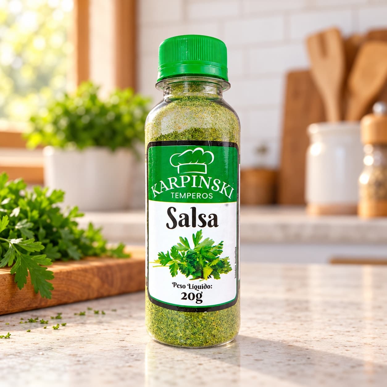 Salsa Desidratada Karpinski 20 g — na bancada da cozinha