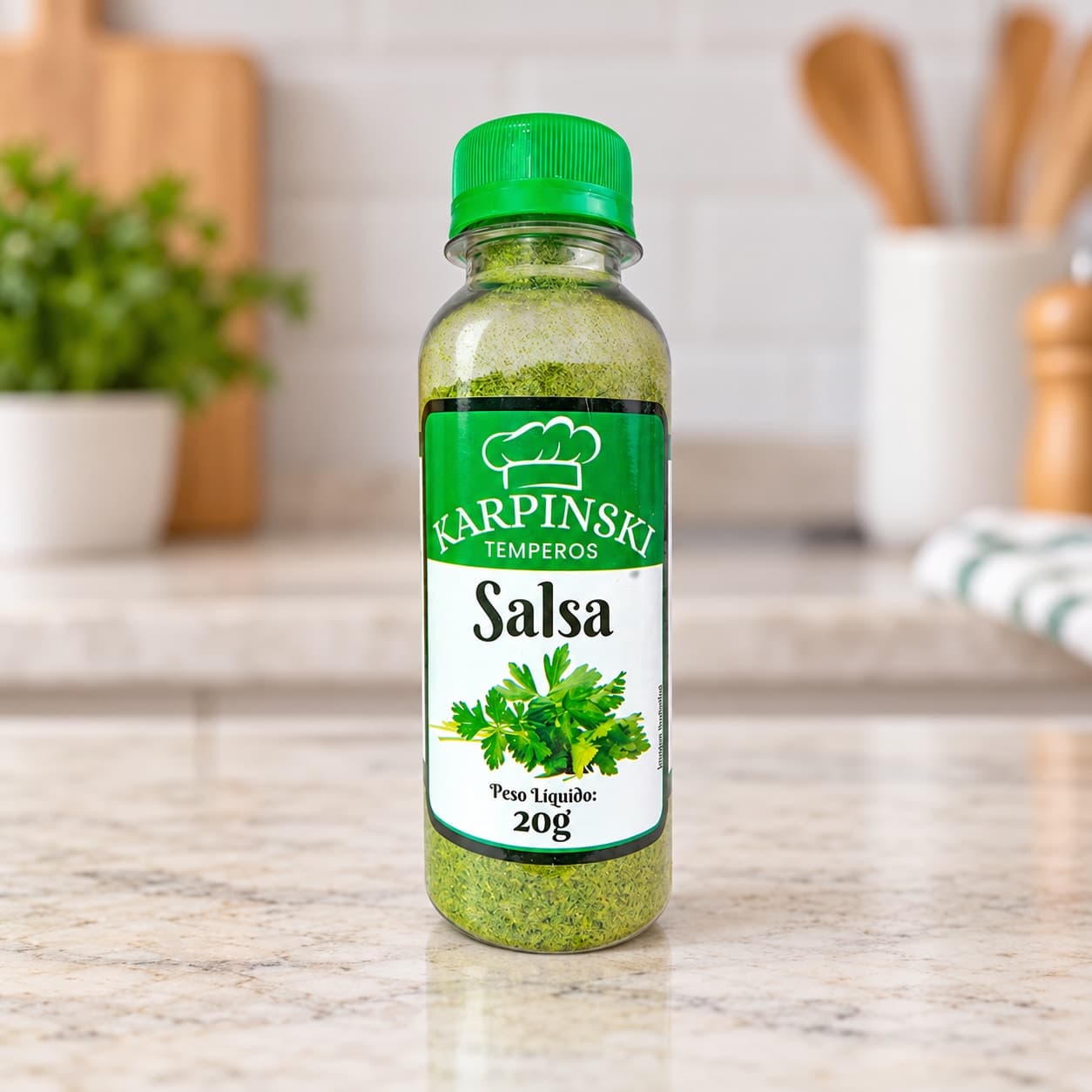 Salsa Desidratada Karpinski 20 g — detalhe da embalagem e do rótulo