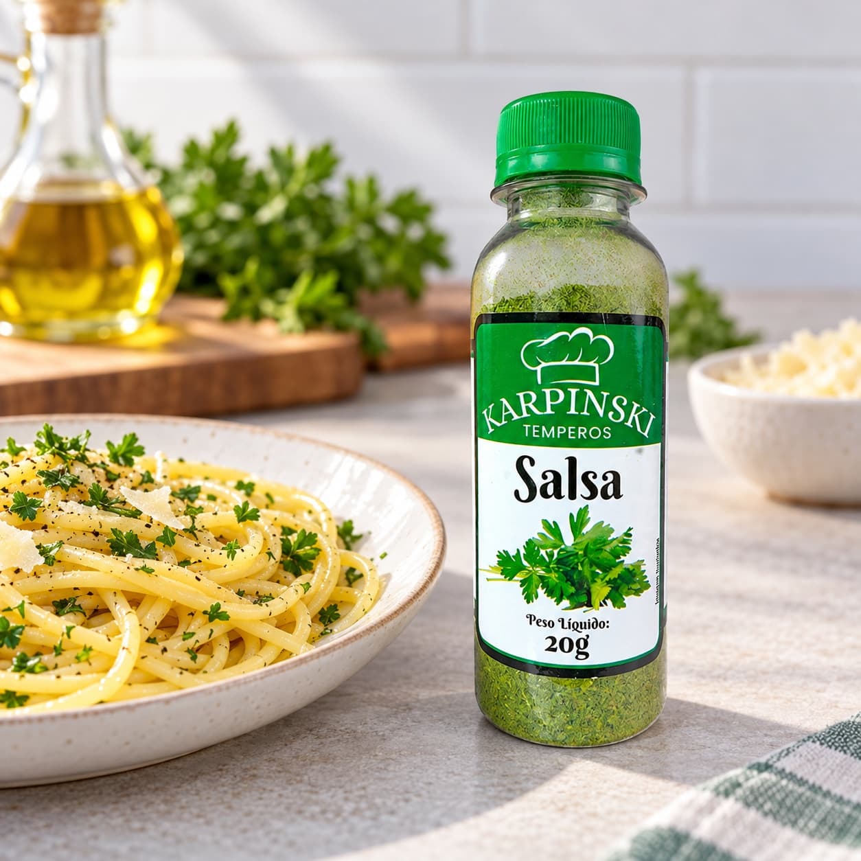 Salsa Desidratada Karpinski 20 g — ao lado de massa com azeite