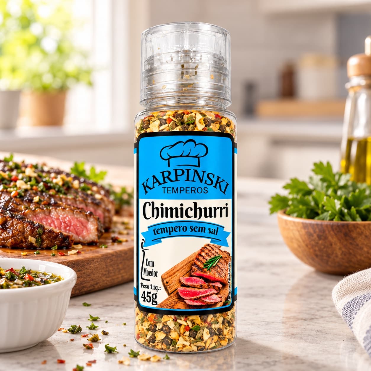 Tempero Chimichurri Argentino com Moedor Karpinski 45 g — na bancada da cozinha