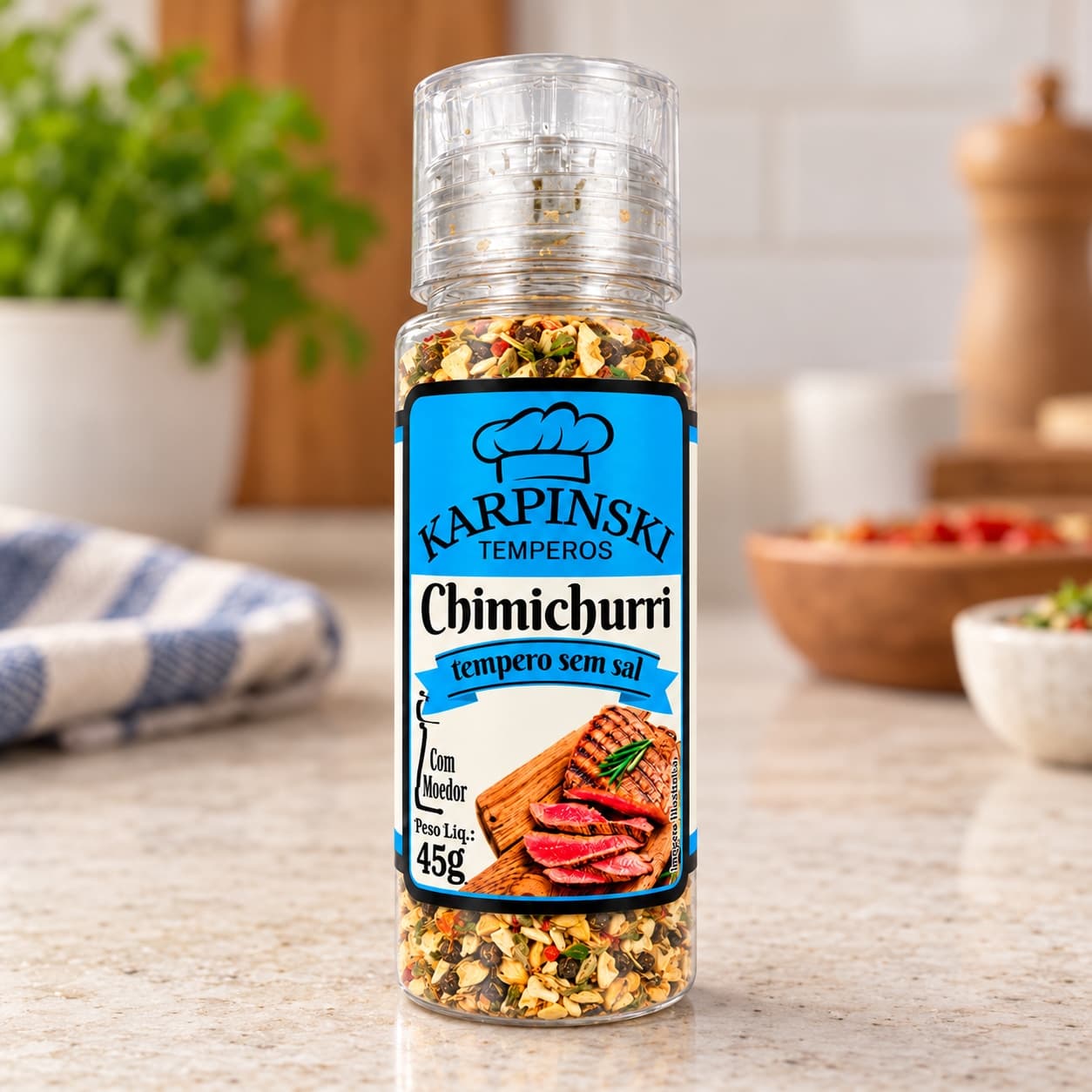 Tempero Chimichurri Argentino com Moedor Karpinski 45 g — detalhe da embalagem e do rótulo