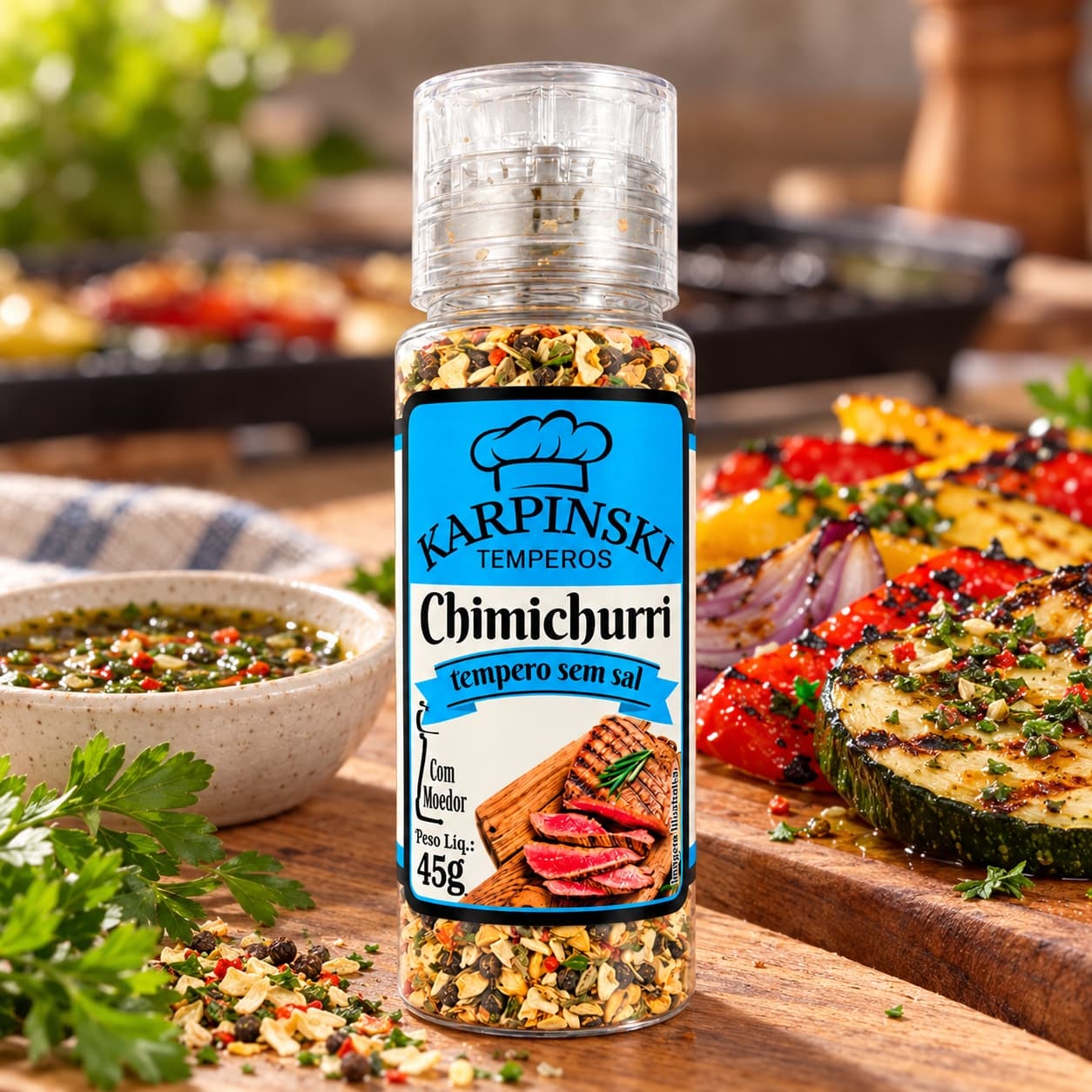 Tempero Chimichurri Argentino com Moedor Karpinski 45 g — no preparo com legumes grelhados com chimichurri