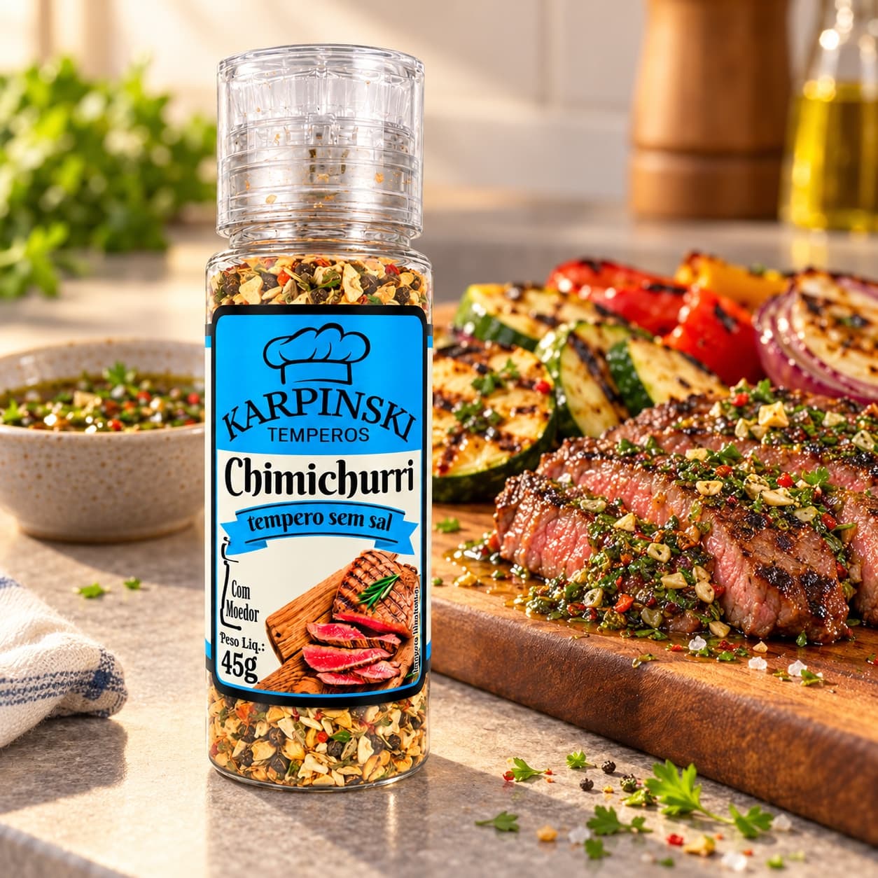 Tempero Chimichurri Argentino com Moedor Karpinski 45 g — com legumes grelhados com chimichurri