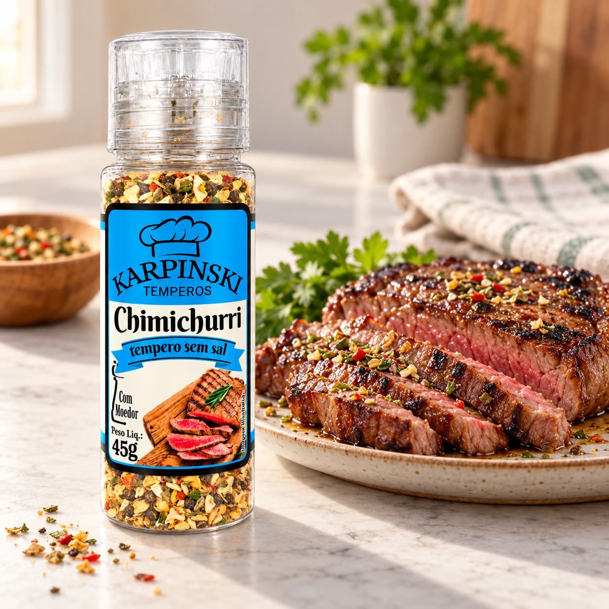Tempero Chimichurri Argentino com Moedor Karpinski 45 g — ao lado de carne grelhada