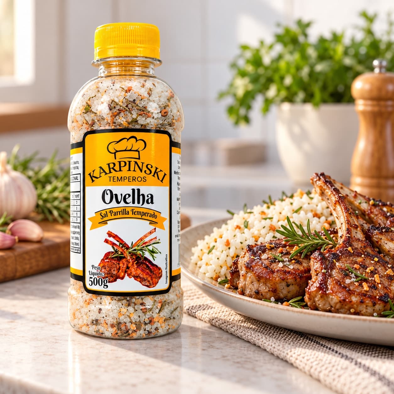 Tempero Completo para Ovelha Premium Karpinski 500 g — ao lado de carne com arroz