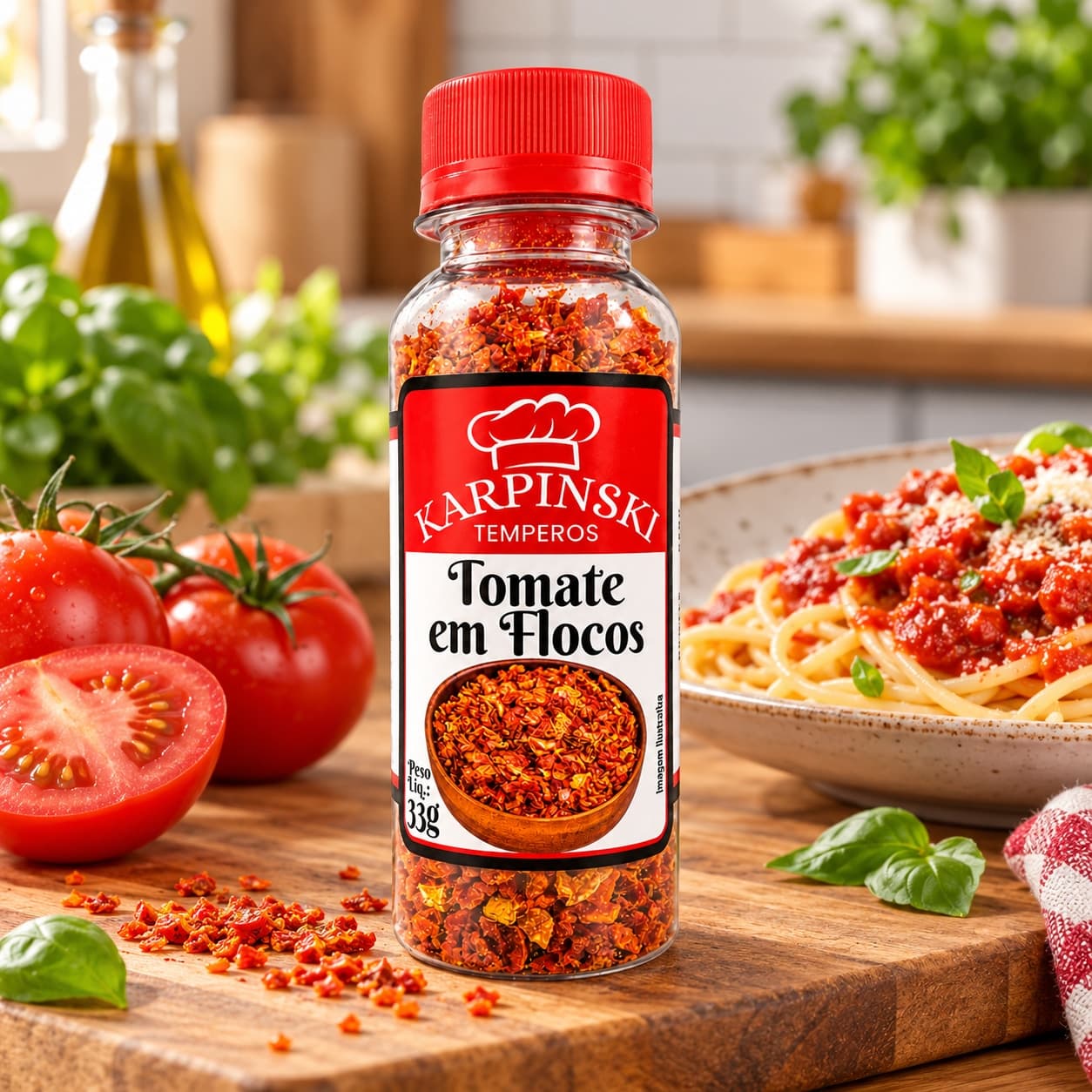 Tomate em Flocos Desidratado Karpinski 33 g — no preparo com massa ao molho de tomate