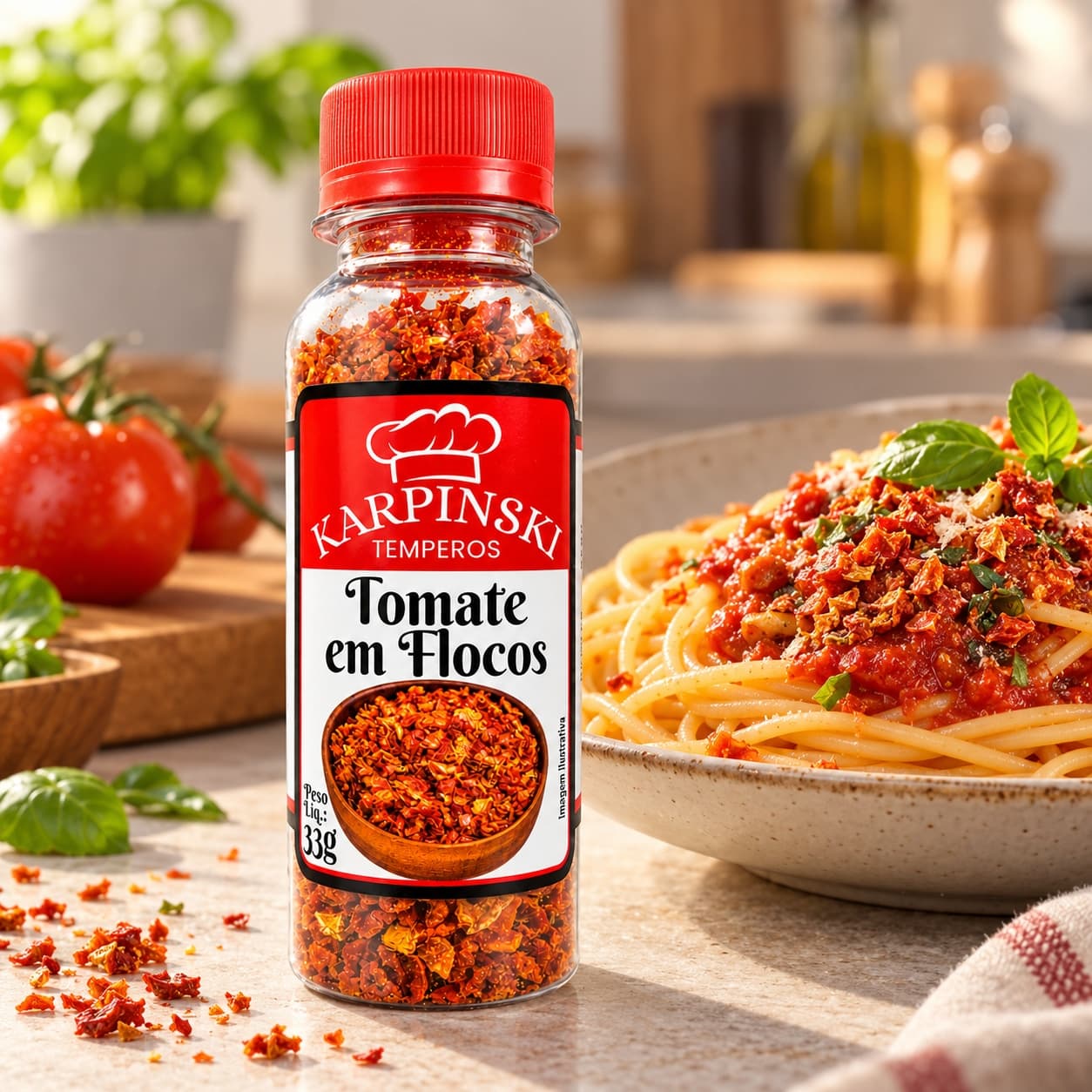 Tomate em Flocos Desidratado Karpinski 33 g — com massa ao molho de tomate