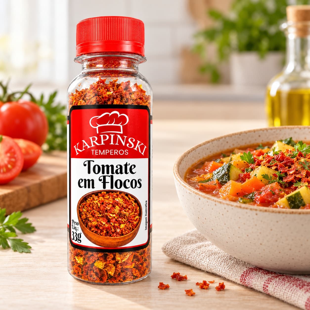 Tomate em Flocos Desidratado Karpinski 33 g — ao lado de ensopado de legumes