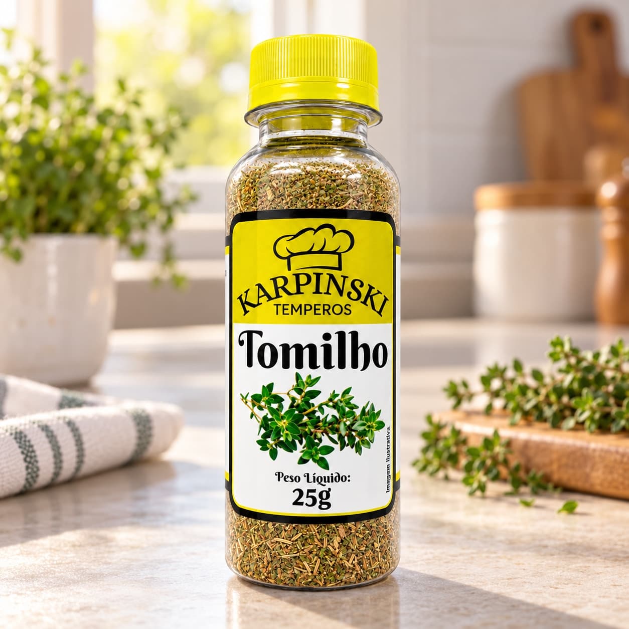 Tomilho Desidratado Karpinski 25 g — na bancada da cozinha