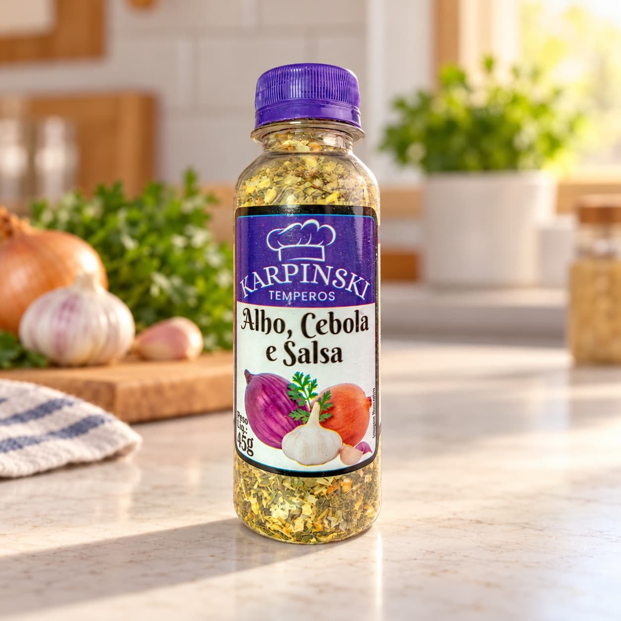 Tempero Alho, Cebola e Salsa Karpinski 45 g — na bancada da cozinha
