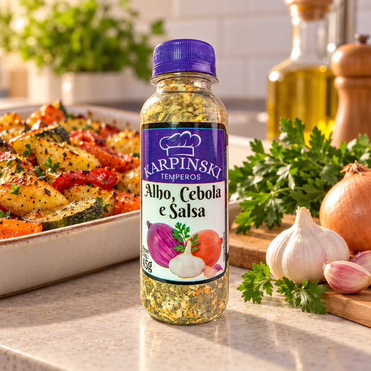 Tempero Alho, Cebola e Salsa Karpinski 45 g — com legumes assados