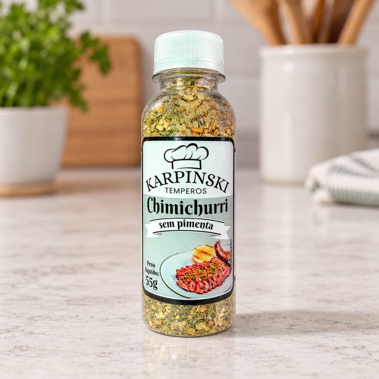 Chimichurri sem Pimenta Karpinski 55 g — detalhe da embalagem e do rótulo