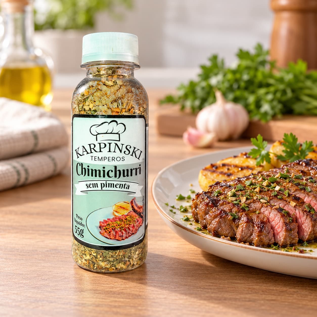 Chimichurri sem Pimenta Karpinski 55 g — ao lado de carne grelhada