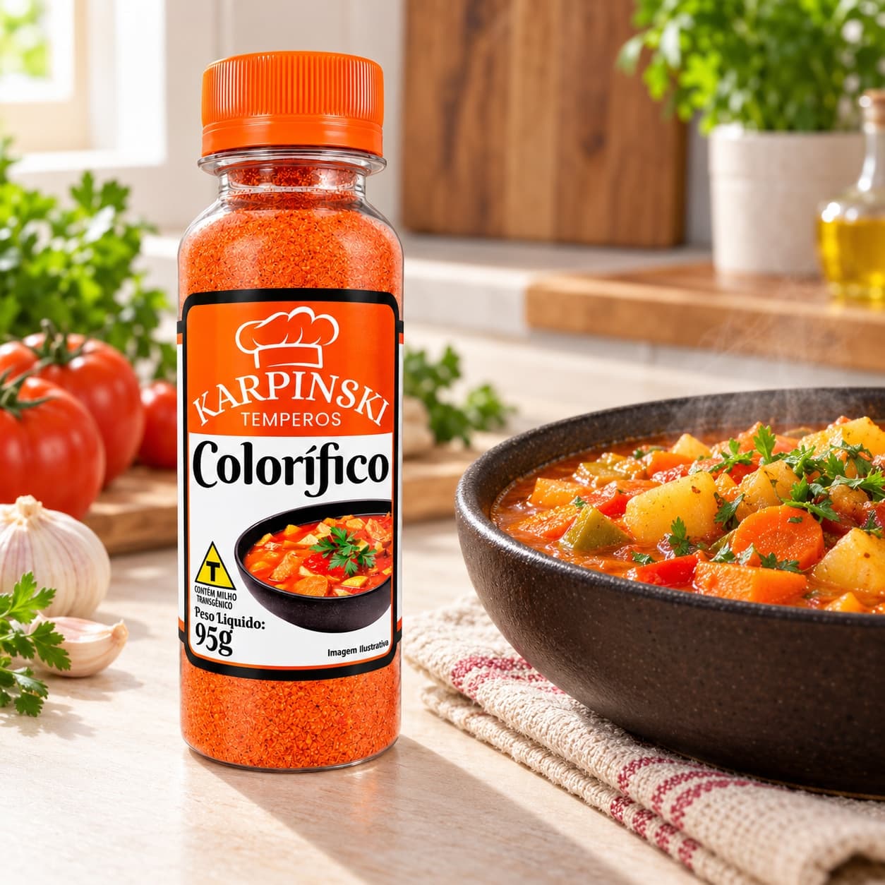 Colorífico Colorau Karpinski 95 g — ao lado de ensopado de legumes