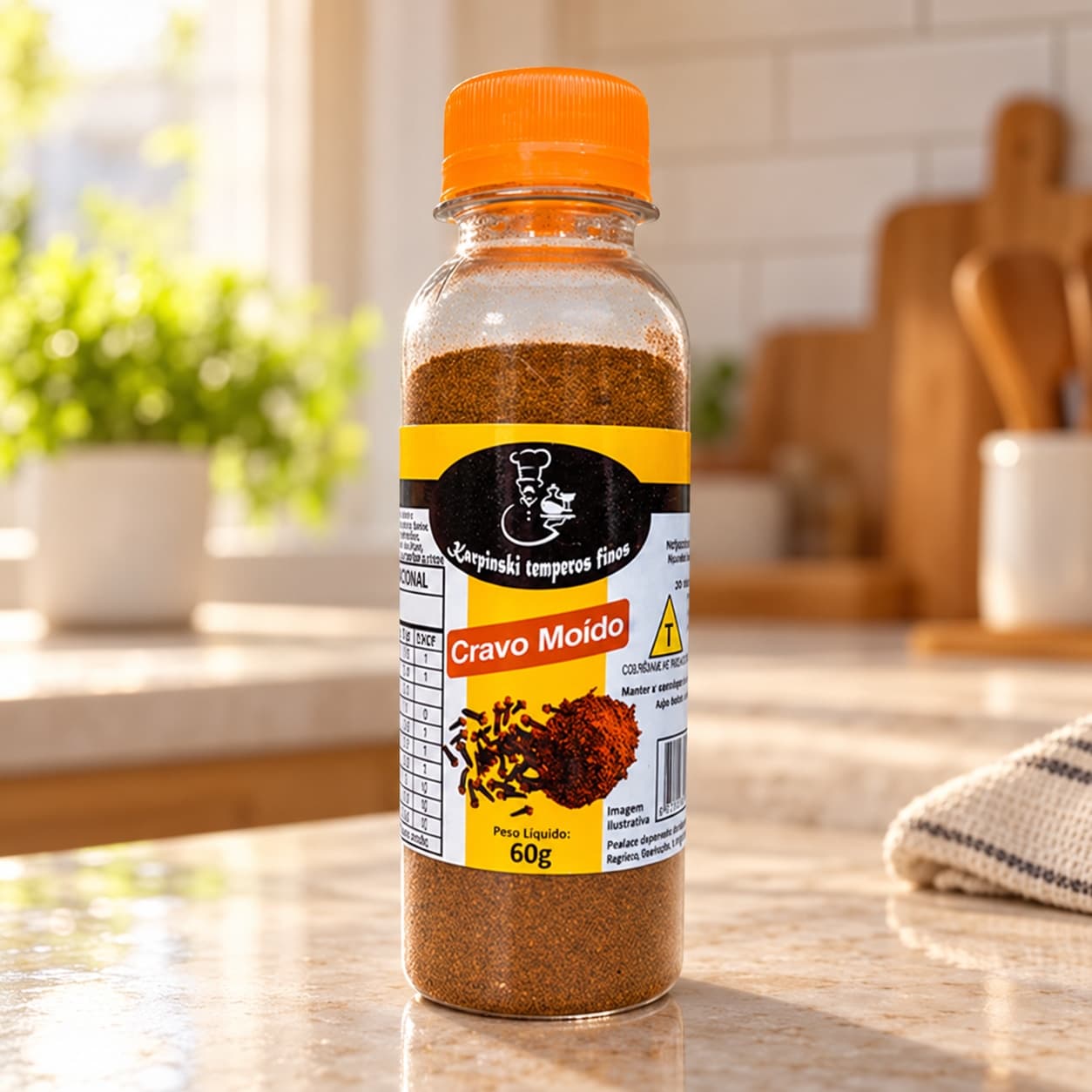 Tempero Cravo Moído Karpinski 60 g — na bancada da cozinha