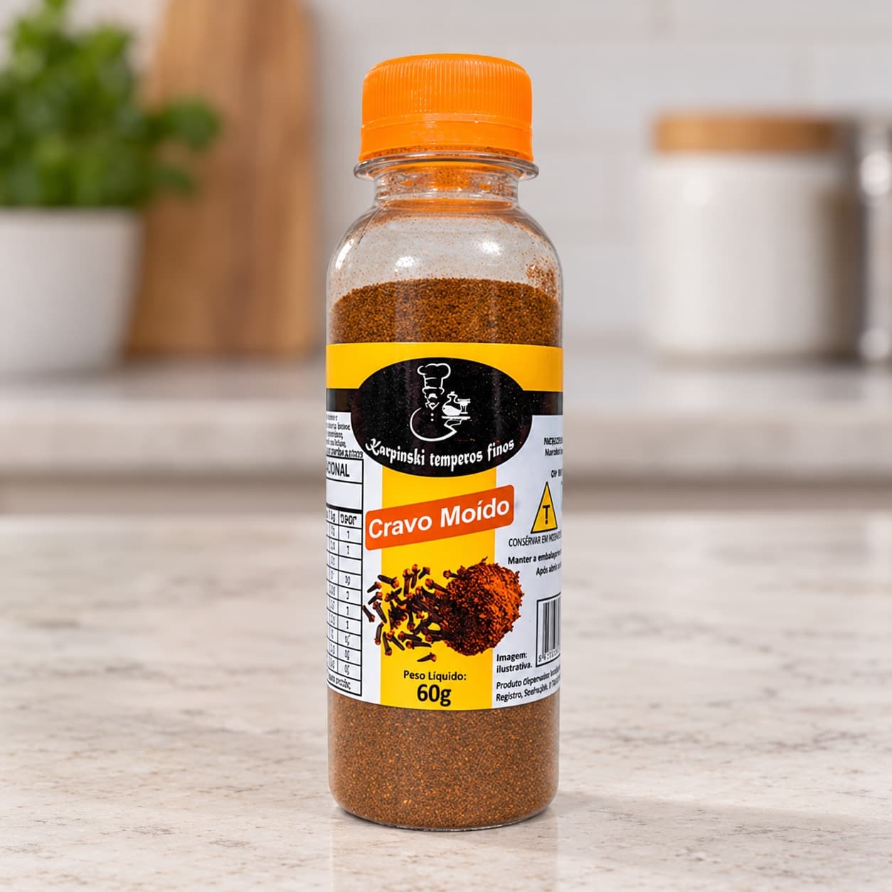 Tempero Cravo Moído Karpinski 60 g — detalhe da embalagem e do rótulo