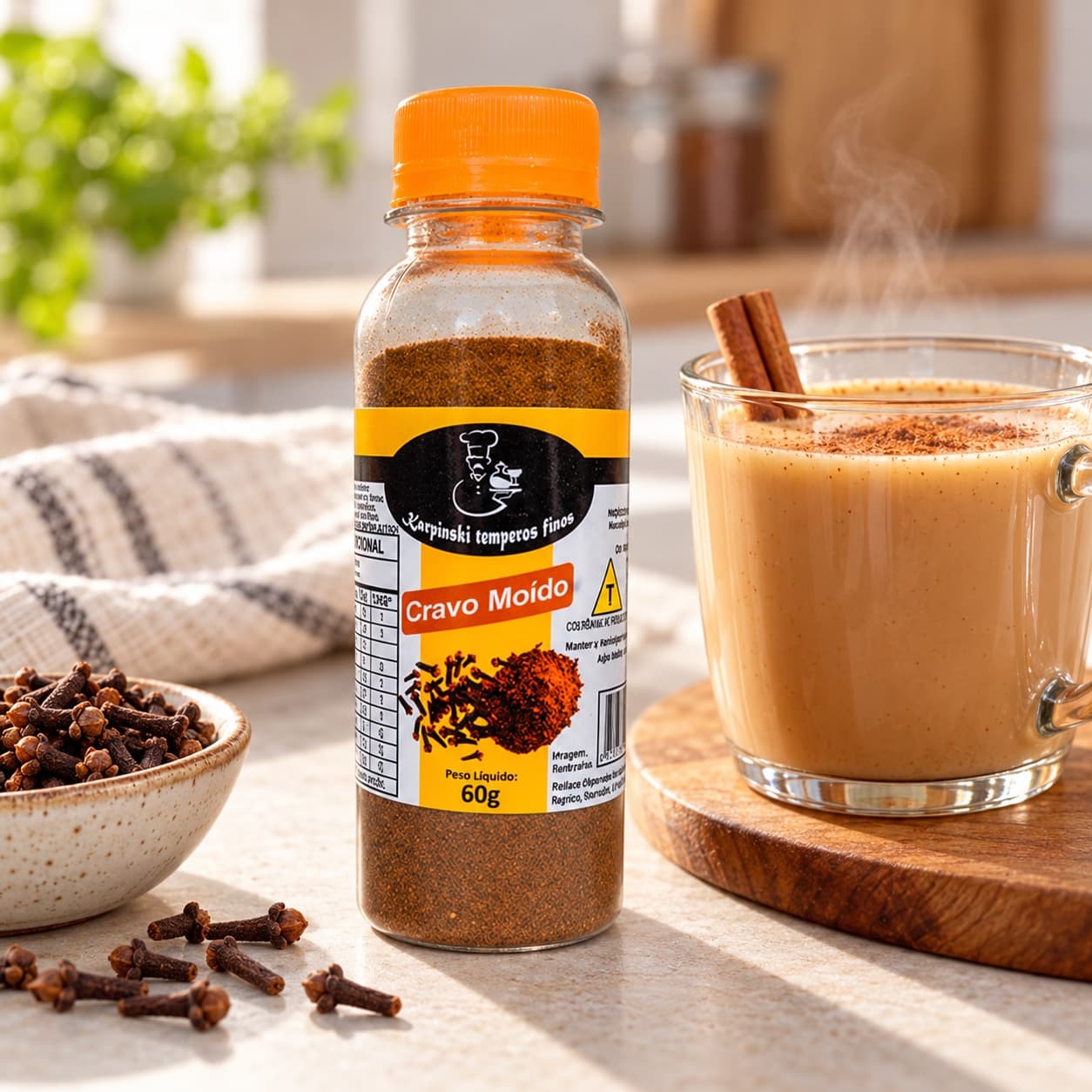 Tempero Cravo Moído Karpinski 60 g — ao lado de bebida quente com especiarias