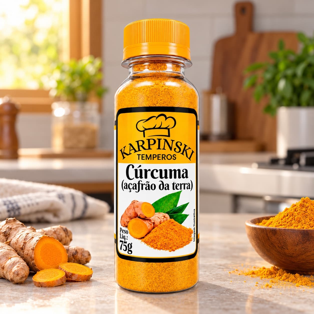 Cúrcuma em Pó Açafrão-da-Terra Karpinski 75 g — na bancada da cozinha