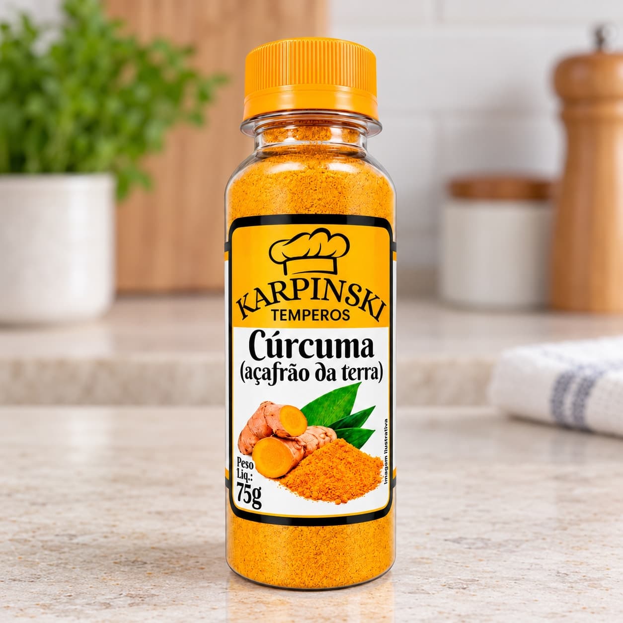 Cúrcuma em Pó Açafrão-da-Terra Karpinski 75 g — detalhe da embalagem e do rótulo