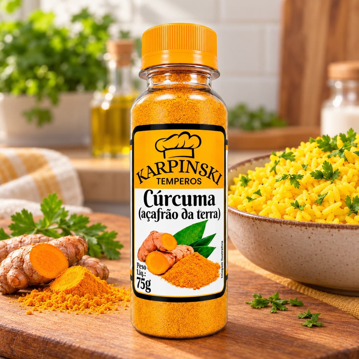 Cúrcuma em Pó Açafrão-da-Terra Karpinski 75 g — no preparo com arroz dourado