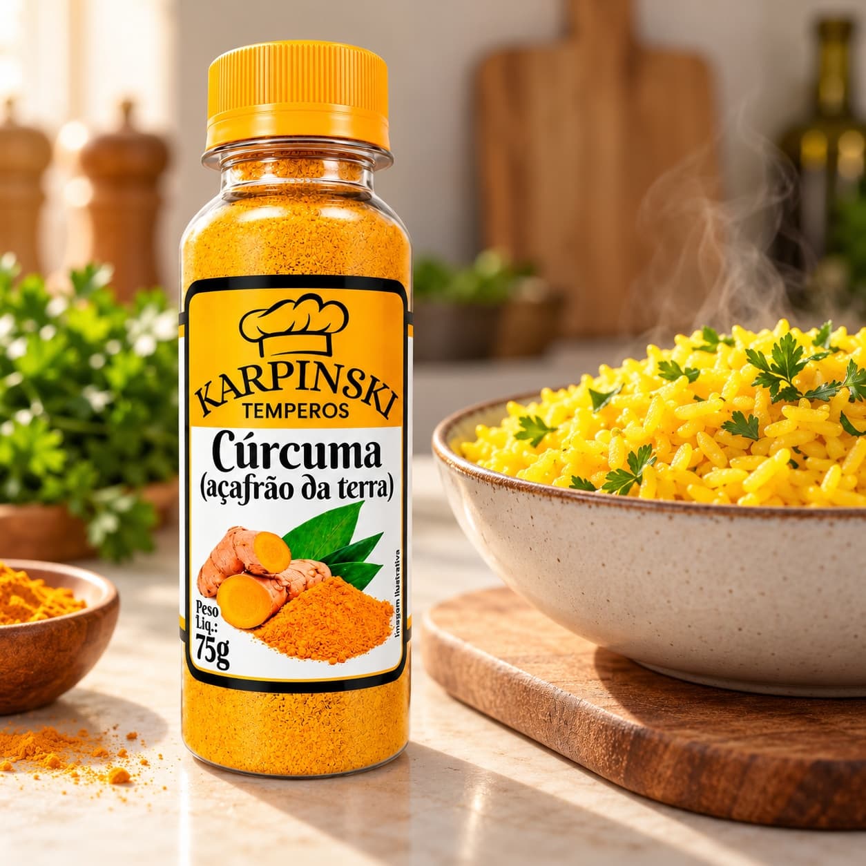 Cúrcuma em Pó Açafrão-da-Terra Karpinski 75 g — com arroz dourado