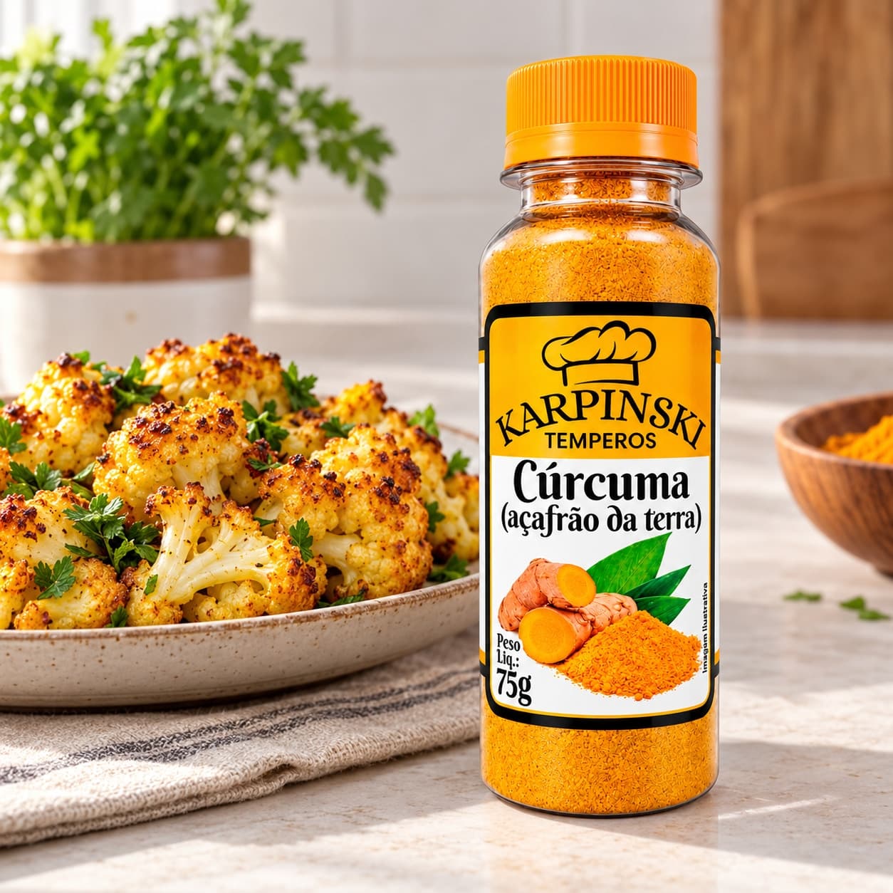 Cúrcuma em Pó Açafrão-da-Terra Karpinski 75 g — ao lado de couve-flor assada