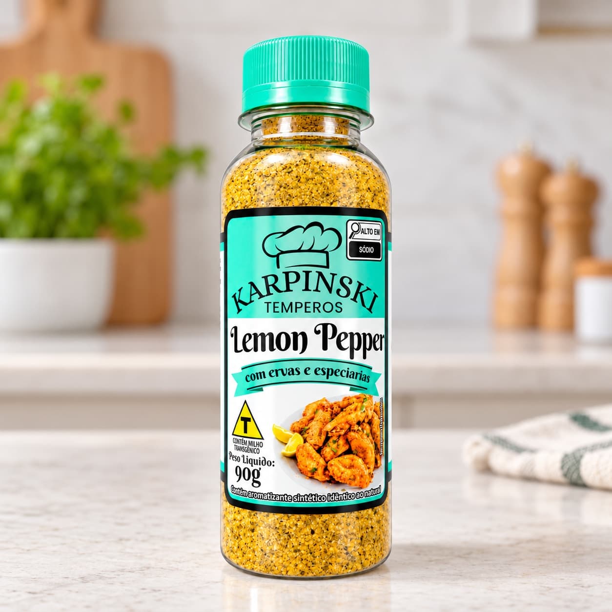 Tempero Lemon Pepper Karpinski 90 g — detalhe da embalagem e do rótulo