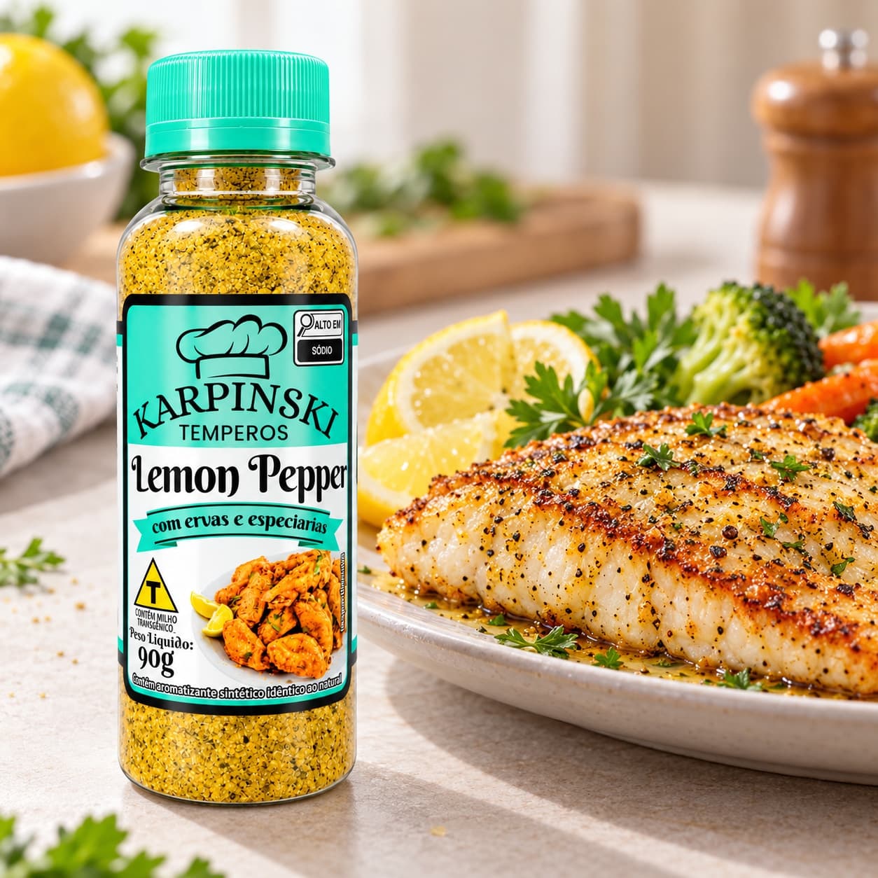 Tempero Lemon Pepper Karpinski 90 g — ao lado de peixe grelhado