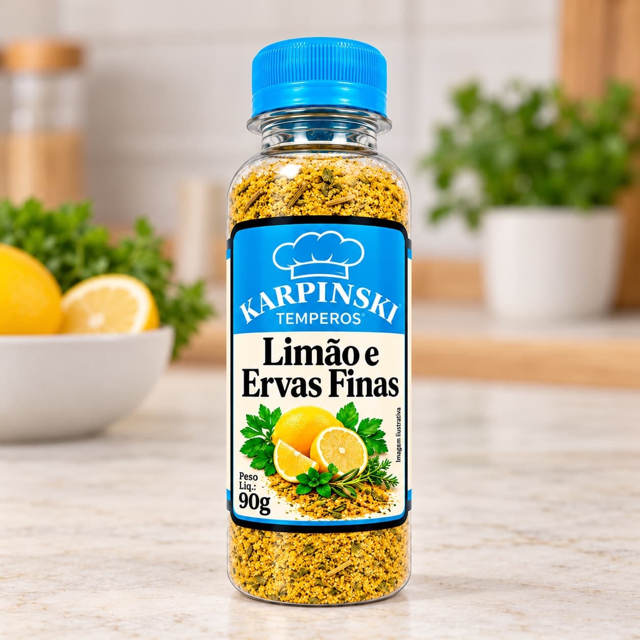 Tempero Limão e Ervas Finas Karpinski 90 g — detalhe da embalagem e do rótulo