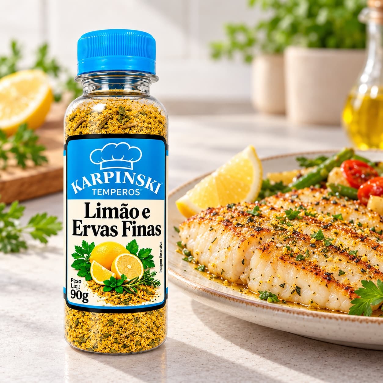 Tempero Limão e Ervas Finas Karpinski 90 g — ao lado de peixe grelhado