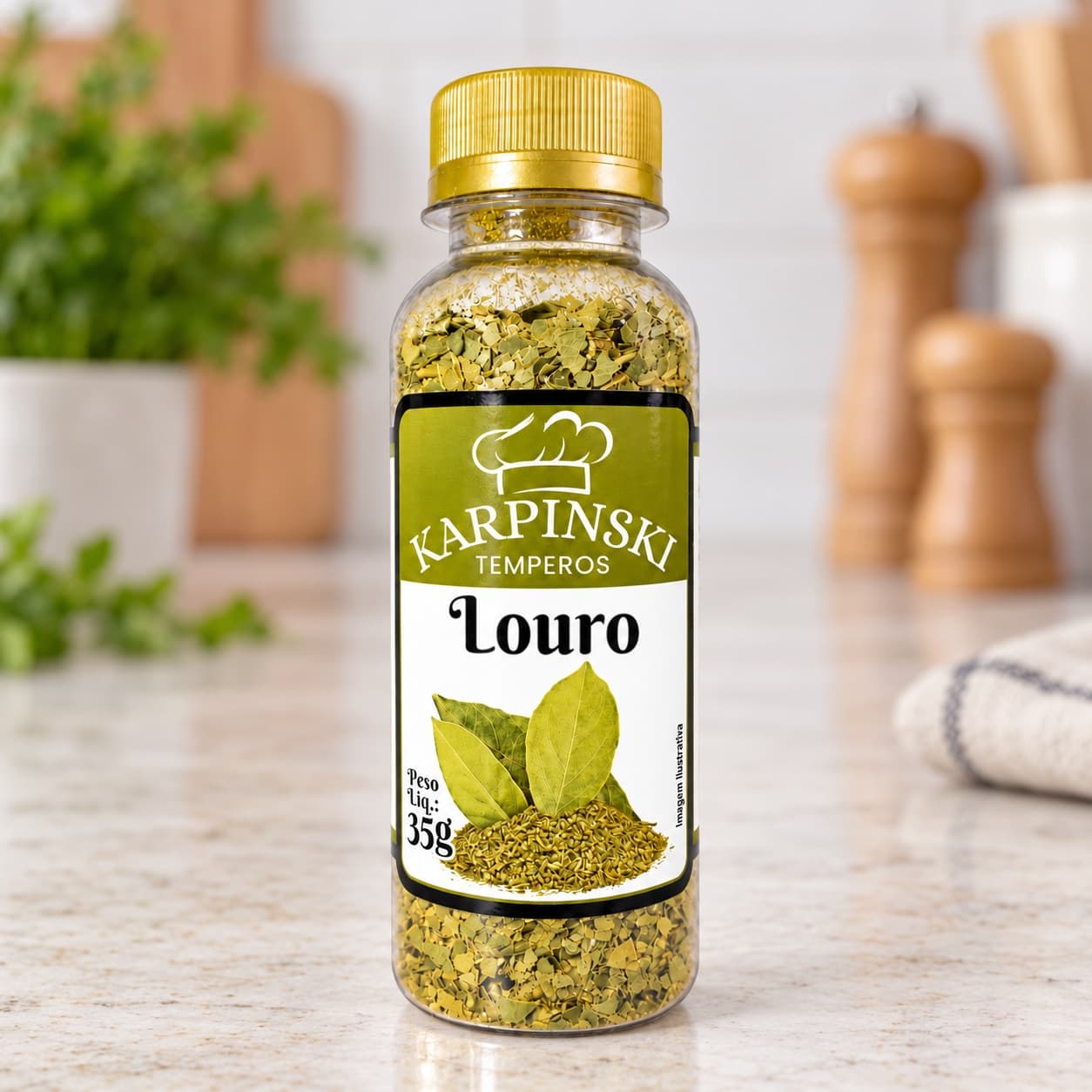Louro Triturado Karpinski 35 g — detalhe da embalagem e do rótulo