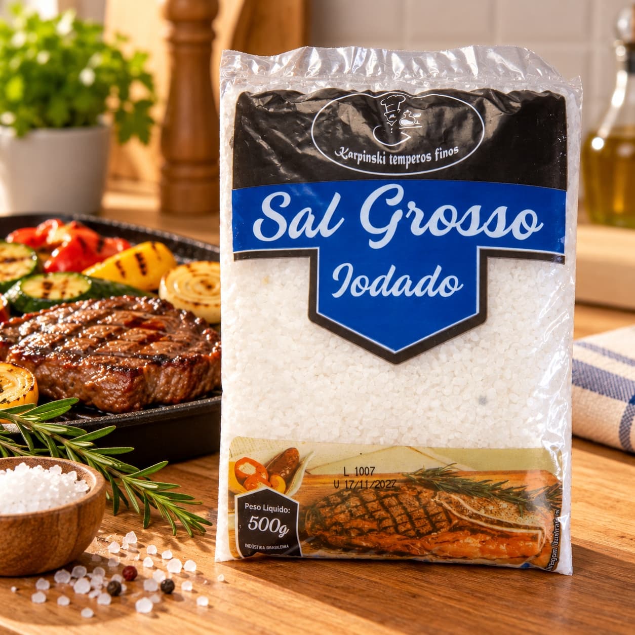 Sal Grosso Iodado em Pacote Karpinski 500 g — com legumes grelhados