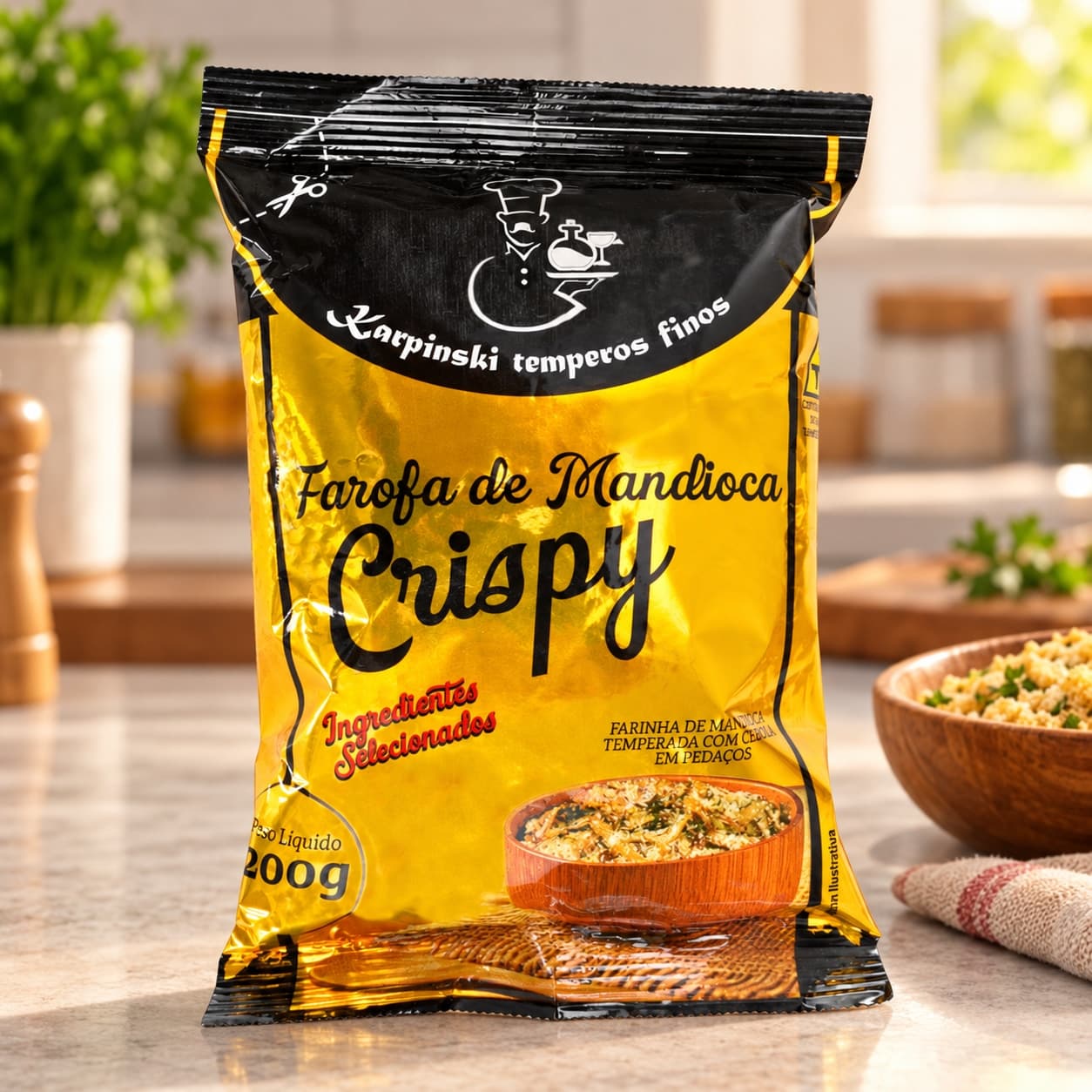 Farofa de Mandioca Crispy Crocante Karpinski 200 g — na bancada da cozinha