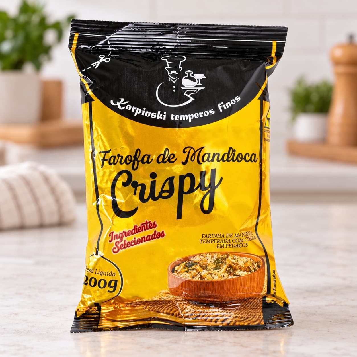 Farofa de Mandioca Crispy Crocante Karpinski 200 g — detalhe da embalagem e do rótulo