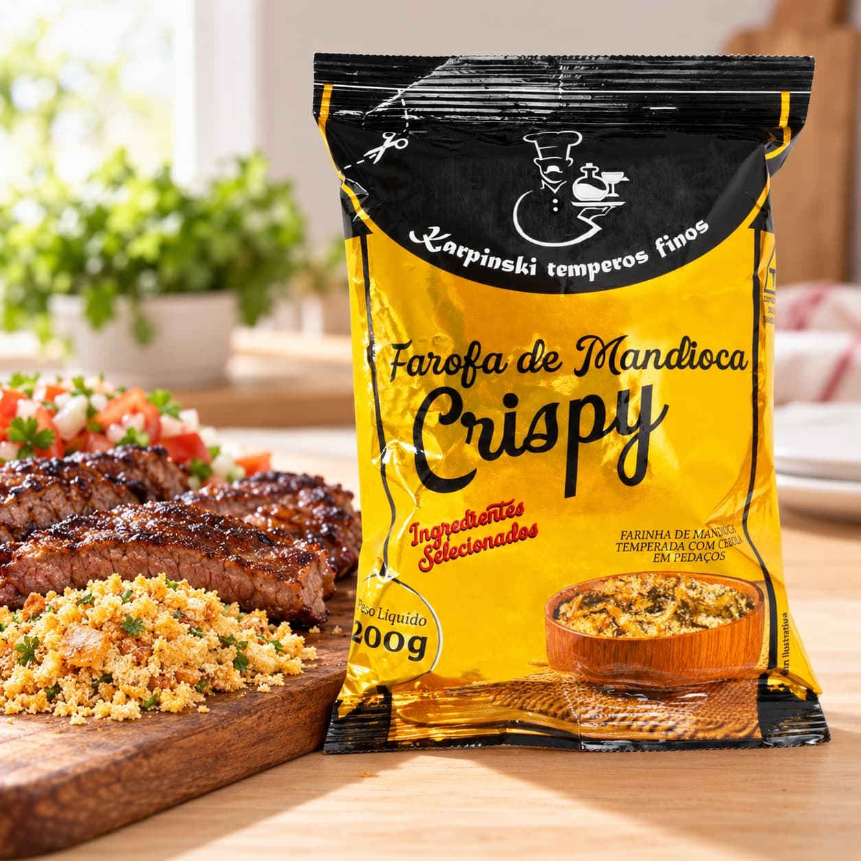 Farofa de Mandioca Crispy Crocante Karpinski 200 g — ao lado de refeição de churrasco