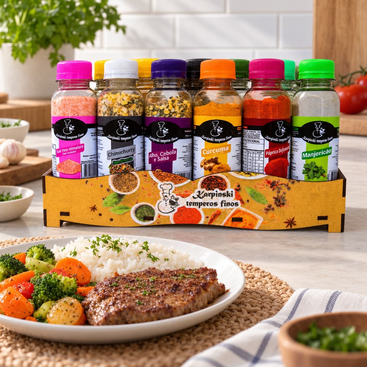 Kit de Temperos Tradicional Cru Karpinski — ao lado de refeição com arroz e legumes