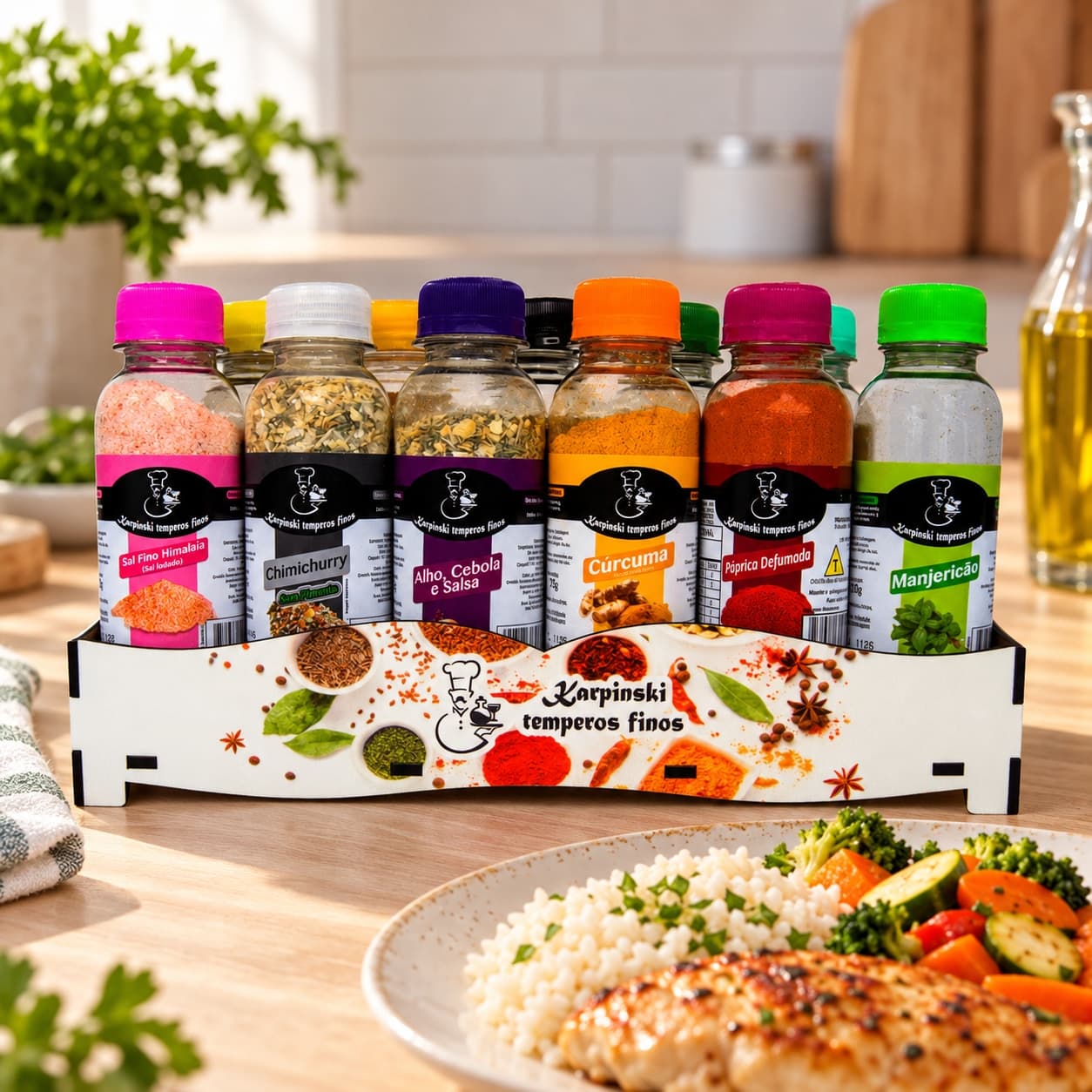 Kit de Temperos Tradicional Branco Karpinski — ao lado de refeição com arroz e legumes