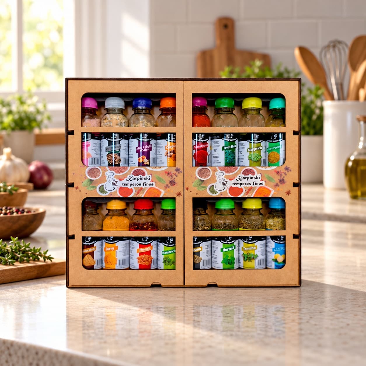 Kit de Temperos Premium Cru com 16 Karpinski — na bancada da cozinha