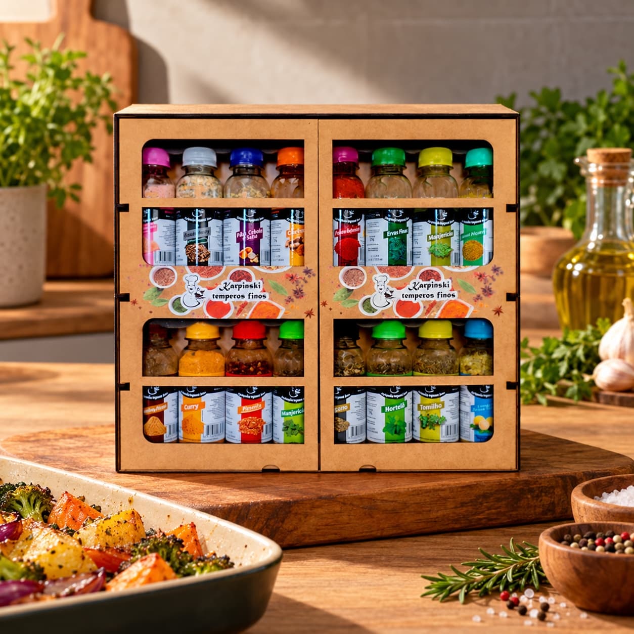 Kit de Temperos Premium Cru com 16 Karpinski — no preparo com legumes assados