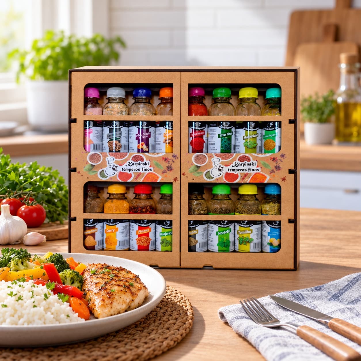 Kit de Temperos Premium Cru com 16 Karpinski — ao lado de refeição com arroz e legumes