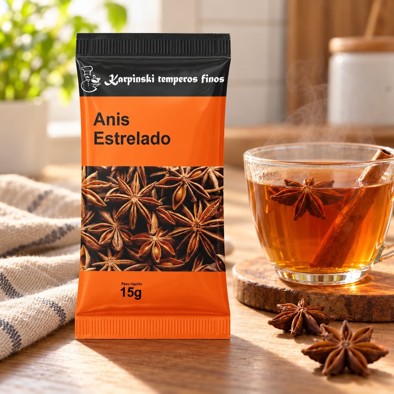 Anis Estrelado em Sachê Karpinski 15 g — ao lado de bebida quente aromática
