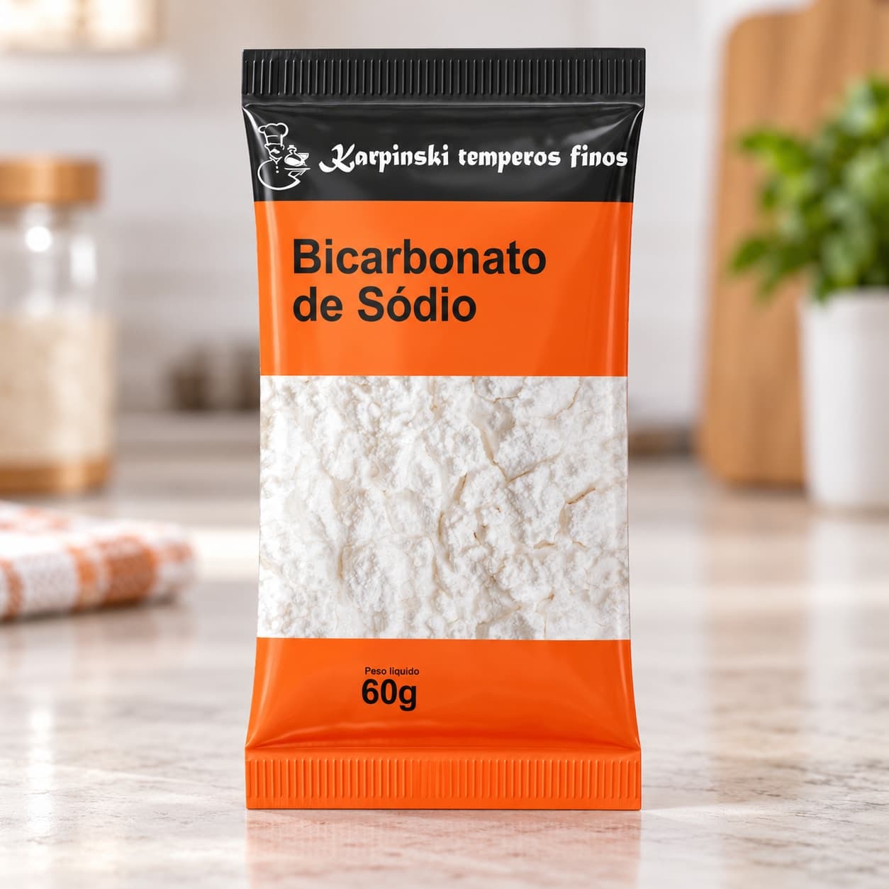 Bicarbonato de Sódio em Sachê Karpinski 60 g — detalhe da embalagem e do rótulo