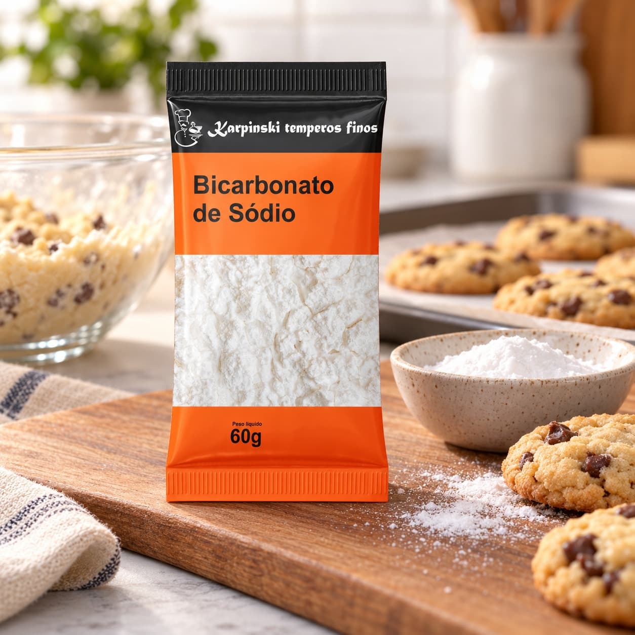 Bicarbonato de Sódio em Sachê Karpinski 60 g — no preparo com biscoitos caseiros